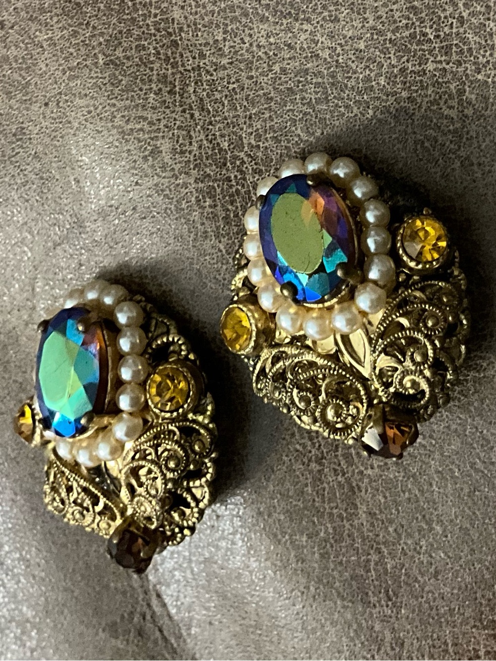 60s West Germany Clip On Earrings Filigree Gold Tone Aurora Borealis Faux Pearls